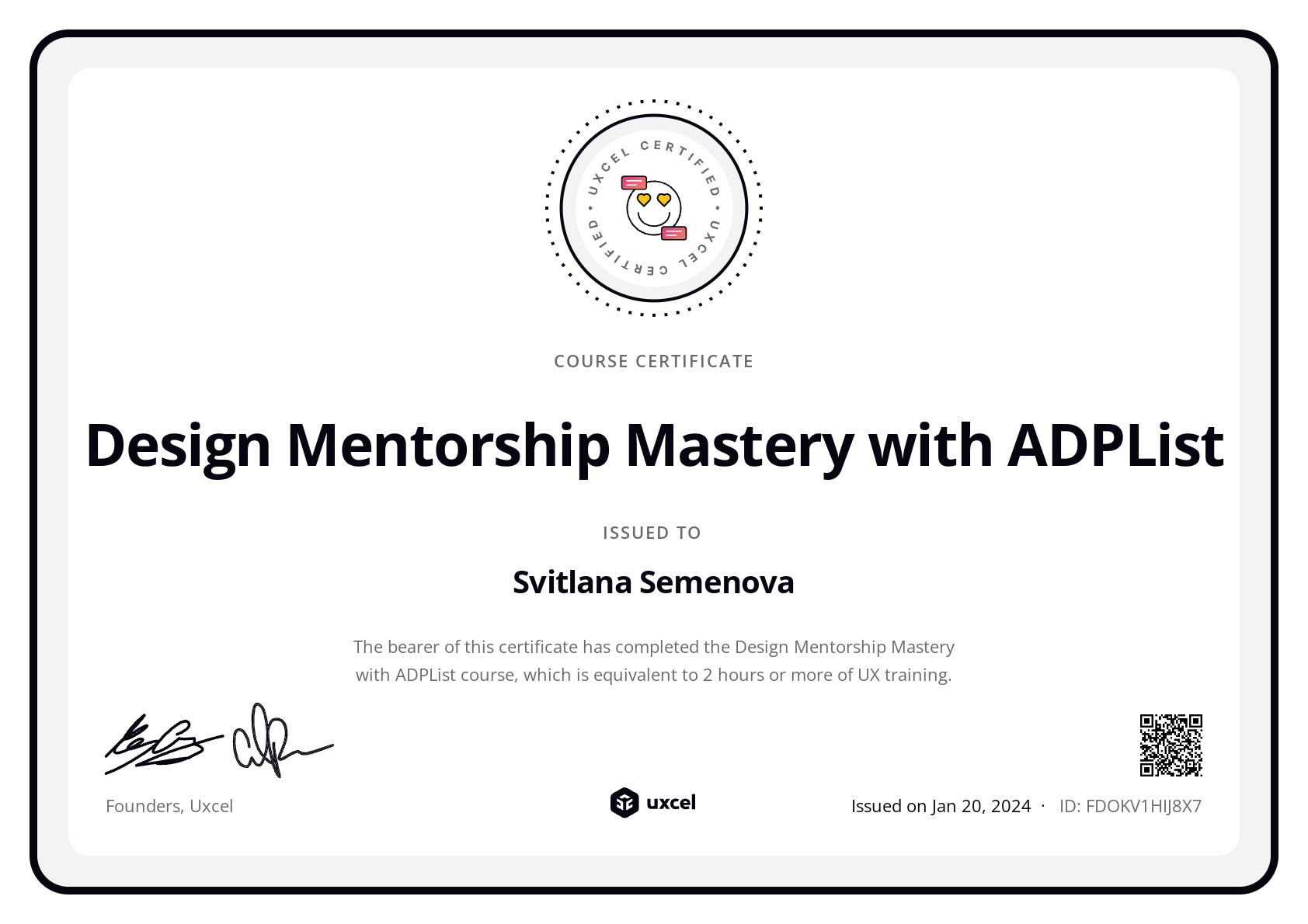 Svitlana Semenova's certificate